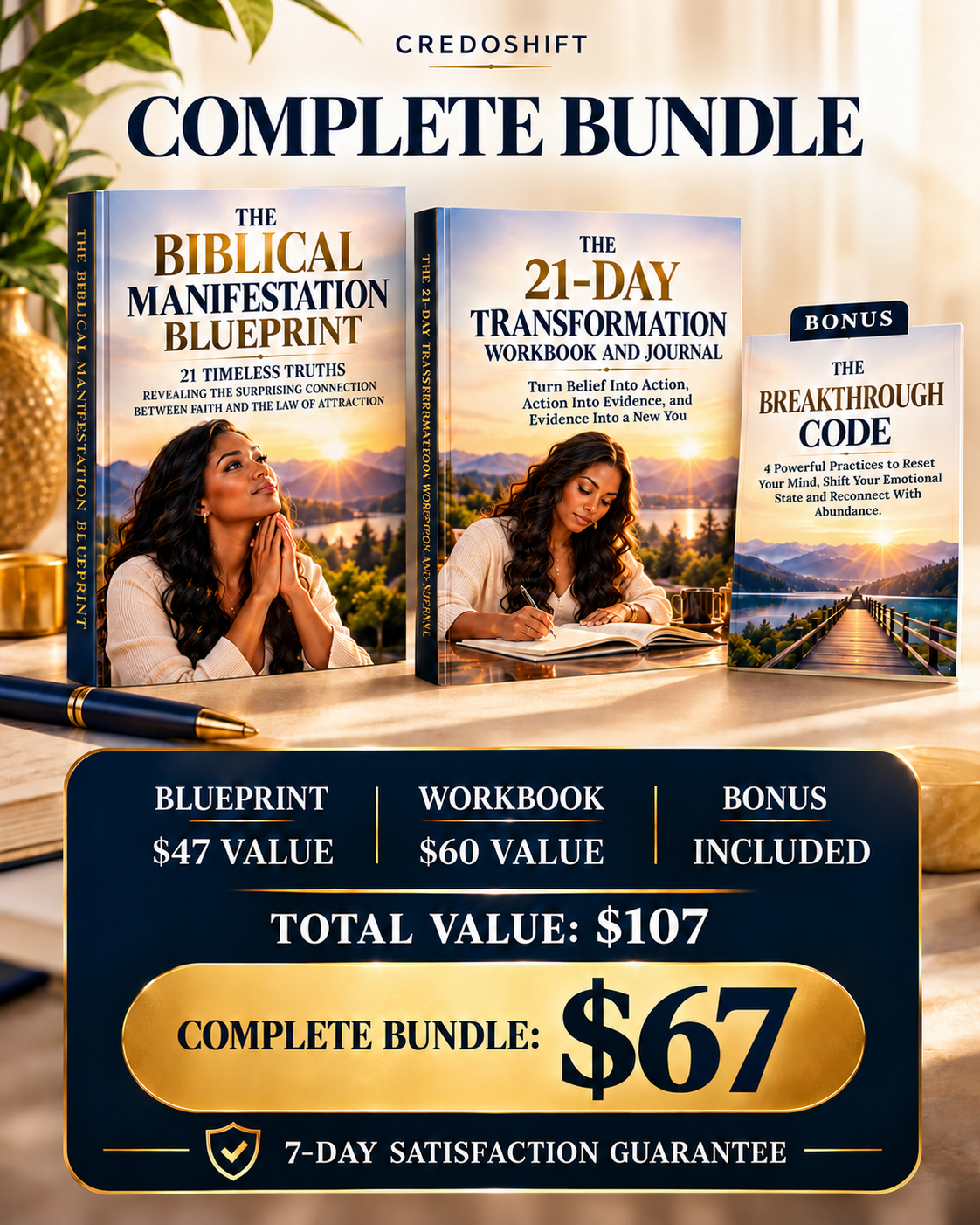 The Biblical Manifestation Bundle: Blueprint with 21 Timeless Truths at $47 individual value, Workbook at $60 individual value, and the included Breakthrough Code section shown separately for visualization. $107 combined individual value, $67 bundle, and 7-Day Satisfaction Guarantee.