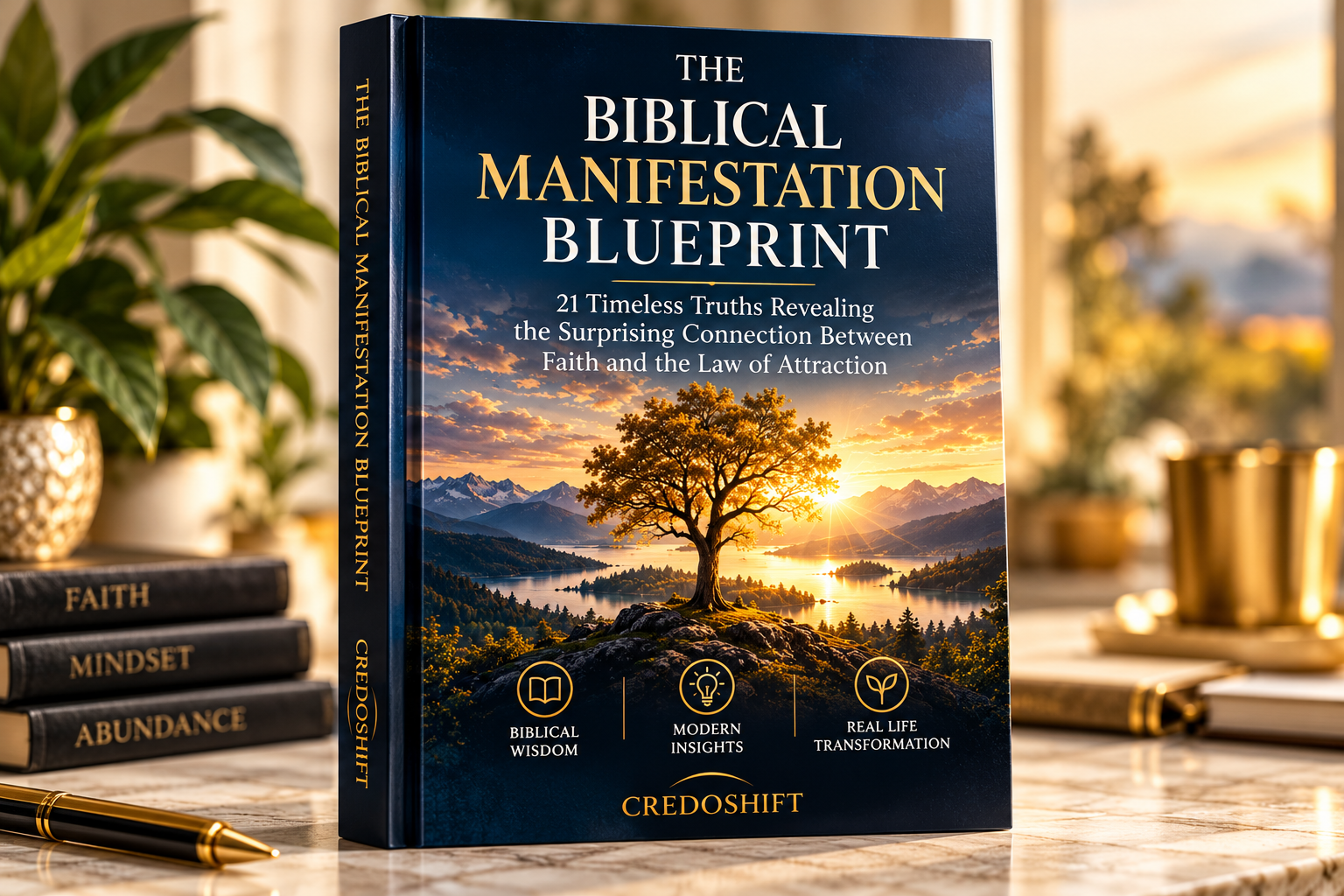 The Biblical Manifestation Blueprint cover: 21 Timeless Truths revealing the connection between faith and the Law of Attraction, biblical wisdom, modern insights, real life transformation.