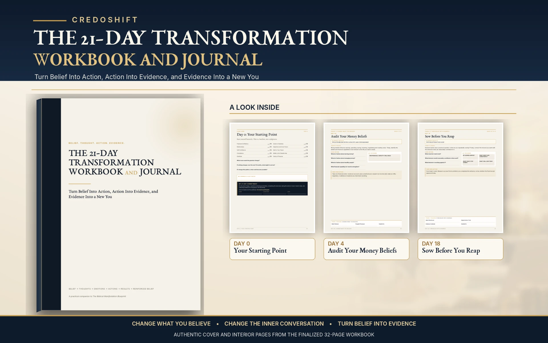 The 21-Day Transformation Workbook and Journal, with authentic cover and Day 0, Day 4 Audit Your Money Beliefs, and Day 18 Sow Before You Reap pages from the 32-page PDF.